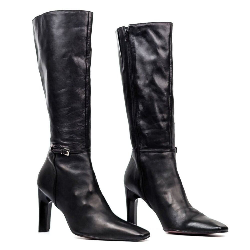 Nine West Women Tricksy Black Leather Buckle Retro 90s Vintage Boots size 10.5